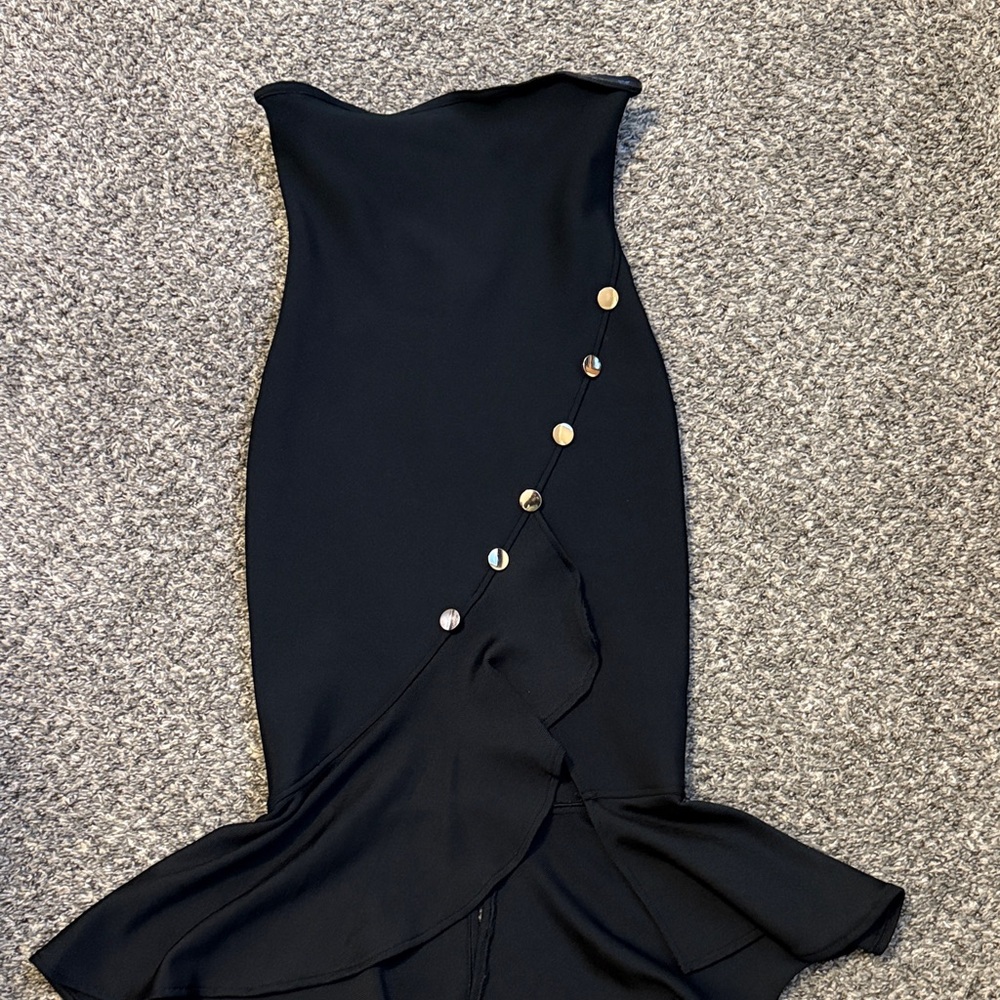 Strapless Black Midi Dress with Gold-Tone Button Detail